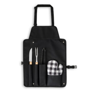 KIT CHURRASCO COM 3 UTENSÍLIOS EM AÇO INOX E MADEIRA DE SERINGUEIRA E LUVA