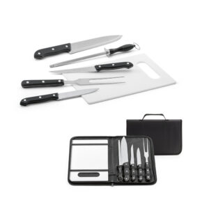 KIT CHURRASCO EM ESTOJO DE NYLON 210D COM TÁBUA EM PP E 5 UTENSÍLIOS EM AÇO INOX E PP